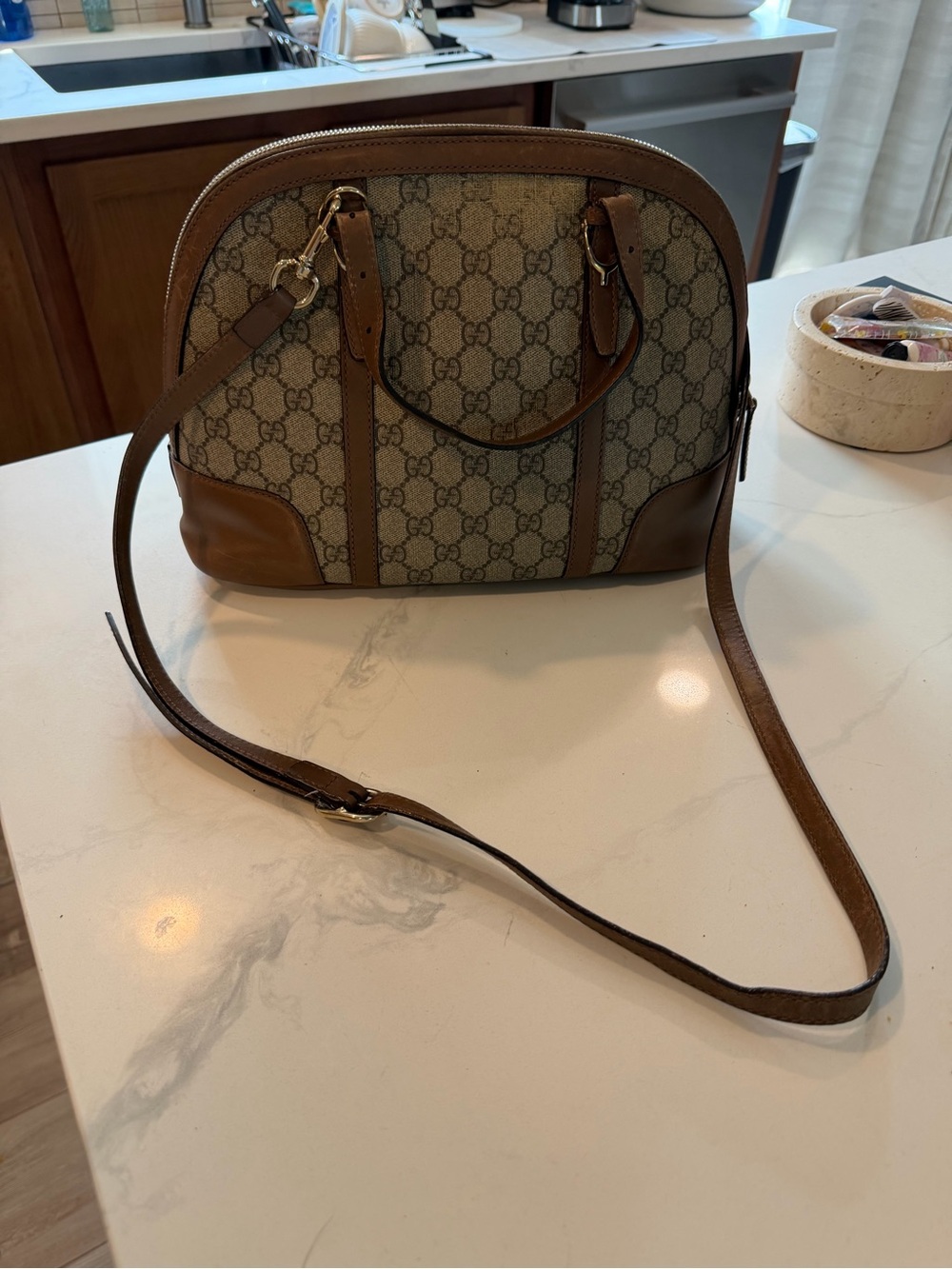 Gucci Brown GG Supreme Dome Crossbody Bag with Leather Trim